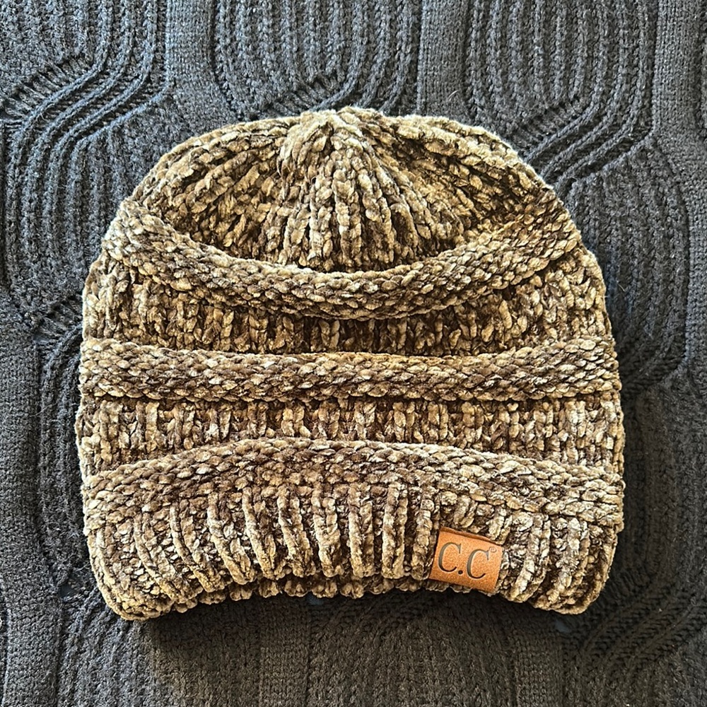 CC Velour Knit Hat in olive green